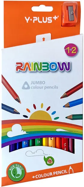 Creioane colorate Y-Plus Rainbow - Jumbo Pastel, 12 culori, cu ascuțitoare