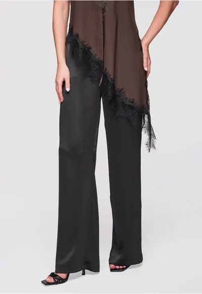 Pantaloni Dama Eleganti cu Talie Medie si Croiala Larga din Satin - Negru