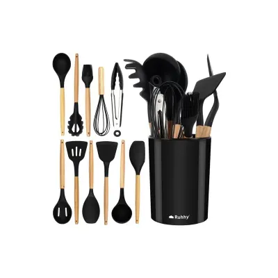 Set ustensile bucatarie, 12 piese, rezistenta temperaturi ridicate, flexibile, lemn/silicon, 827g, negru/bej
