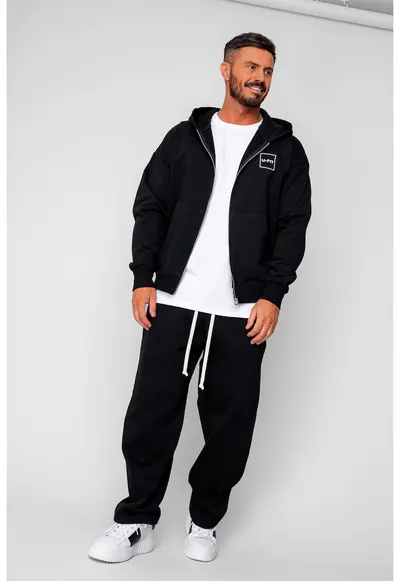 Set Oversized Hanorac cu fermoar si pantalon Balloon fit din 100% Bumbac - 400gr/mp Premium Edition - Negru