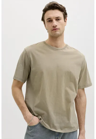 Tricou din bumbac cu model uni - Maro nisip