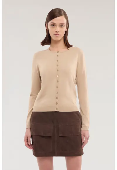 Cardigan cu decolteu rotund si nasturi - Maro camel