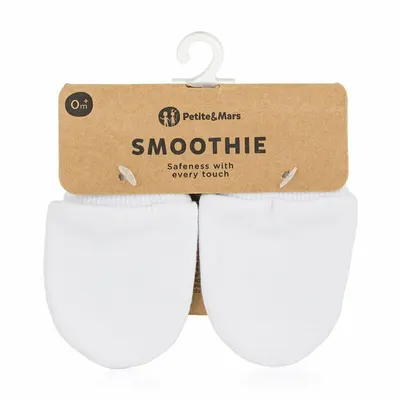 Manusi pentru nou-nascuti, Petite&Mars, Smoothie, Bumbac 100%, Material moale si respirabil, Protectie impotriva zgarieturilor, Manseta lata, 2 straturi, 6 x 10 cm, 0 luni+, Alb