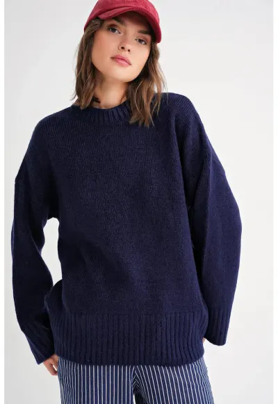 Pulover dama tricotat oversized - cu guler rotund - textil - Albastru marin