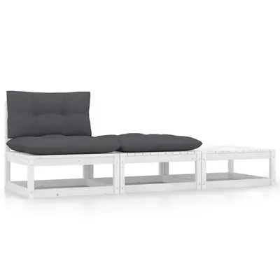 vidaXL Set mobilier de grădină cu perne, 3 piese, alb, lemn masiv pin