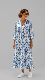 Rochie lunga vaporoasa cu imprimeu mediteranean, alb-albastru