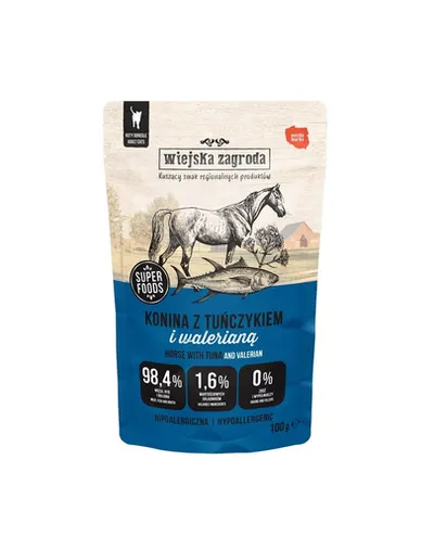 WIEJSKA ZAGRODA Superfoods Hrană umedă pentru pisici, carne de cal cu ton și valeriană 24x100 g