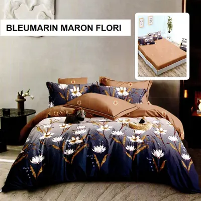 Lenjerie pat cu husa FINET (6 piese) bleumarin maron flori 180x200 cm, Ralex | 1 buc