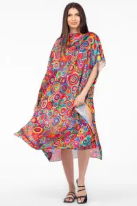 Rochie de plaja lunga tip poncho din matase cu imprimeu cercuri multicolore