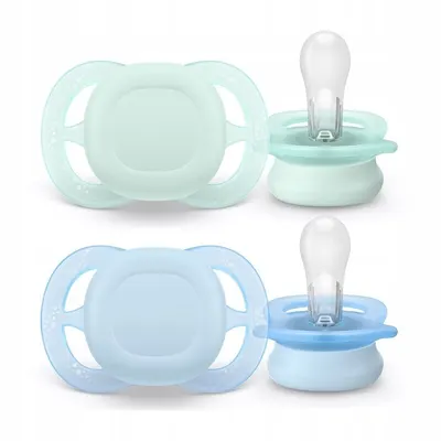 Set 2 suzete, Philips Avent, Colectia Ultra Start, Ortodontice, Fara BPA, Sustenabile, Conceputa pentru gurite micute, 0-2 luni, Verde/Albastru