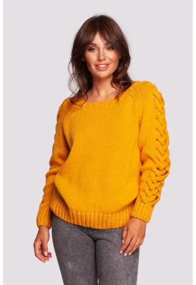 Pulover cu model impletit pe maneci - - Galben sofran