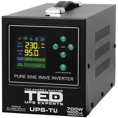 UPS pentru centrala termica (pe lemne / gaz) TED Electric 1000VA/700W TED006776, unda sinusoida pura, borne externe 12v, suporta acumulator Litiu/Pb