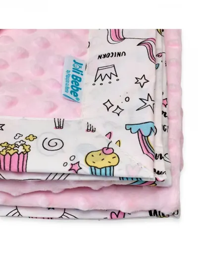 Paturica cu 2 fete din plus minky si bumbac 100 x 100 cm model unicorni, roz