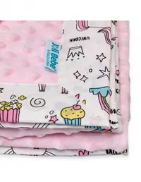 Paturica cu 2 fete din plus minky si bumbac 100 x 100 cm model unicorni, roz