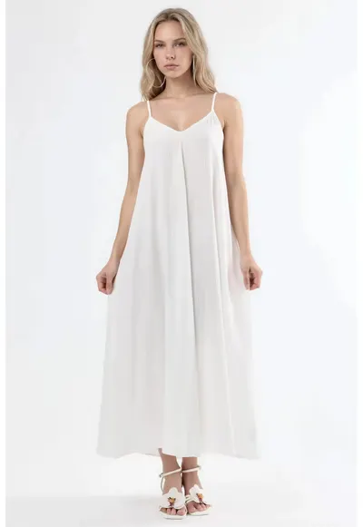 Rochie midi - decolteu in V - alb - poliester
