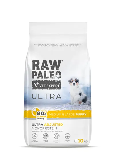 Hrană uscată pentru câini Raw Paleo Ultra Turkey Medium&Large Puppy 10kg