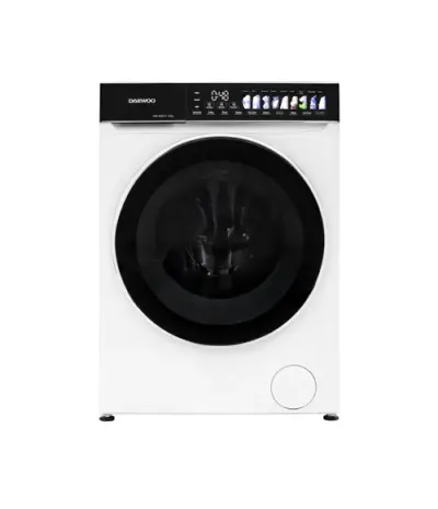 Masina de spalat rufe Daewoo DWD-DS9014, 9 kg, motor inverter, 1400 rpm, 12 programe, butoane touch, panou de control negru cu pictograme colorate, usa dubla neagra, Clasa A (Alb)