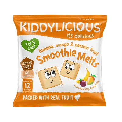 Gustare din bucati de piure de fructe cu banana mango si fructul pasiunii +12 luni, 6g, Kiddylicious