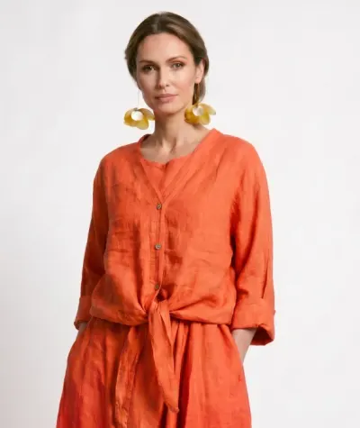 Blazer din in cu croiala lejera si inchidere cu nod, rosu tangerine