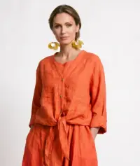Blazer din in cu croiala lejera si inchidere cu nod, rosu tangerine