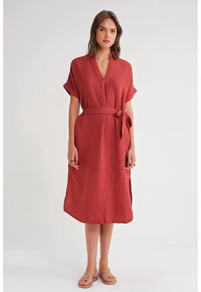 Rochie midi rosu caramiziu - cu maneca scurta - textil