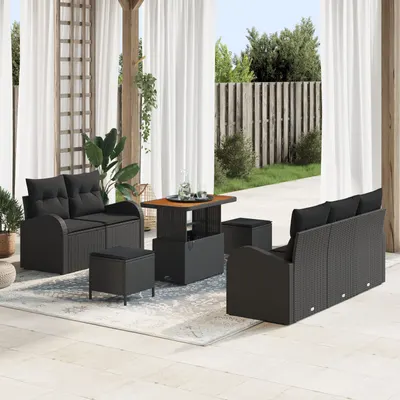 Set de canapea de gradina Gossi cu perne negru polirat acacia, canapea de gradina Gossi cu 2 locuri cu depozitare si perne negru polirat, set de masa de gradina Gossi cu 3 piese cu perne negru polirat acacia