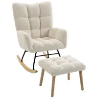 HOMCOM Fotoliu Balansoar din Sherpa cu Taburet, Buzunare Laterale, Șezut Gros, Design Matlasat, Crem | Aosom Romania