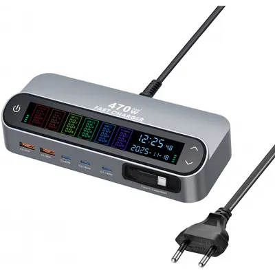 Incarcator Statie Cu Cablu USB-C OEM LCD470W, 470W, 5A, 2 x USB-A - 3 x USB-C, Gri