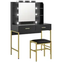HOMCOM Masă de Machiaj cu Oglindă, 10 Becuri și Taburet Căptușit, 90x45x132,5 cm, Negru | Aosom Romania