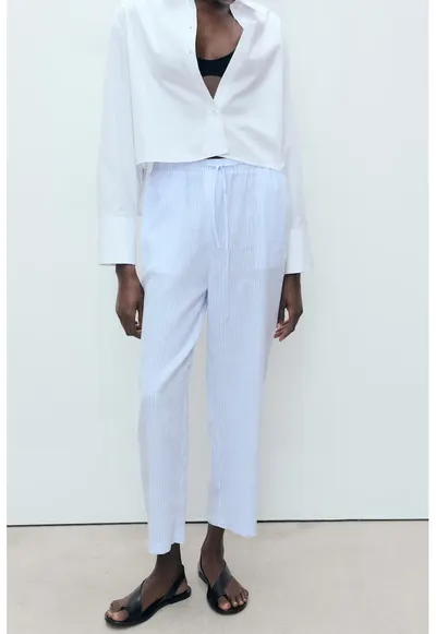 Pantaloni crop din amestec de in - Alb/Albastru lavanda