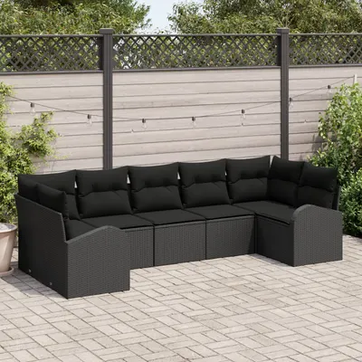 Gossi set de 7 piese pentru gradina cu pernite negru ratan poli, Gossi canapea pentru gradina cu 2 locuri cu spatiu de depozitare & pernite negru ratan poli