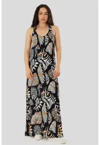 Rochie maxi cu slituri laterale Penelope - Negru/Portocaliu/Bej
