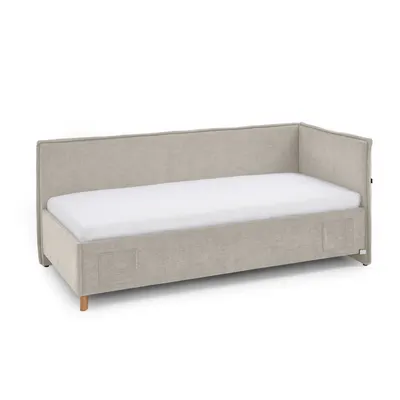 Pat pentru copii bej pe colț tapițat cu spațiu de depozitare cu somieră 90x200 cm Fun – Meise Möbel