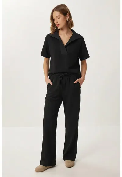 Compleu din doua piese - Happiness Istanbul - tricou cu guler polo - pantaloni cu talie inalta - negru