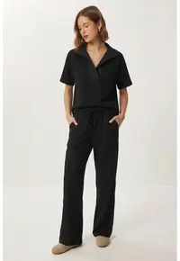 Set coordonat Femei - Happiness Istanbul - bluza cu guler polo si pantaloni cu talie medie - negru - 50% viscoza - 44% poliester - 6% elastan