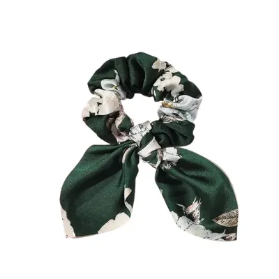 Scrunchie Fundita, Satin, Model floral, Elastic de par, Verde Engros