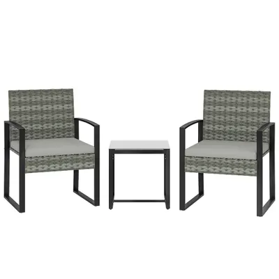 Outsunny Set bistro din ratan, set mobilier de grădină 3 piese cu 2 scaune de grădină, masă de cafea, perne detașabile Gri deschis | Aosom Romania