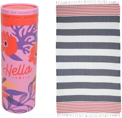 Prosop de plajă în cutie Hello Towels - New Collection, 100 x 180 cm, 100% bumbac, albastru-roșu