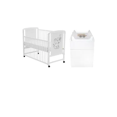 Set mobilier pentru copii, Qmini: Patut din lemn de pin cu roti, cu laterala culisanta si somiera reglabila in 3 trepte, Timmi Elefant, 120x60 cm + Saltea cocos-burete-cocos, 12 cm + Comoda cu masuta de infasat, Alb