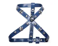 Ham ajustabil, albastru, din piele ecologica, decorat cu stelute din cristale Swarovski, dimensiune XXS