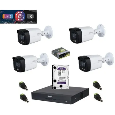 Sistem complet de supraveghere Dahua DH-4CEXT40MAIL-5MP HDCVI cu 4 camere de exterior de 5MP Smart Dual Illuminator 40m, microfon