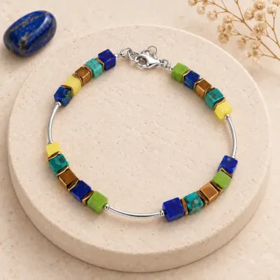 Bratara argint cu tuburi si serii de 5 cubulete din lapis lazuli, malachit, turcoaz, serpentin si hematit auriu