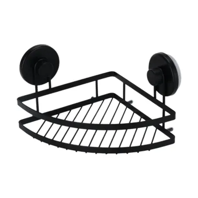 Etajeră metalică de colț pentru baie, cu două ventuze, culoare negru, 20x20x12,5 cm