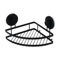 Etajeră metalică de colț pentru baie, cu două ventuze, culoare negru, 20x20x12,5 cm