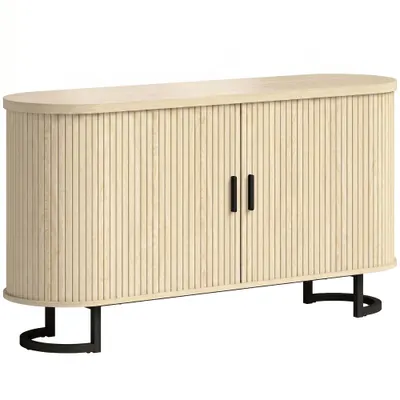 HOMCOM Bufet living, mobilier de depozitare oval cu 2 uși glisante și polițe reglabile, 140x40x75cm, lemn natural | Aosom Romania
