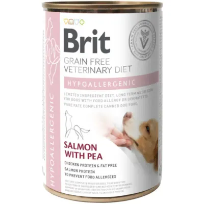 BRIT VD Hypoallergenic, XS-XL, Somon, dietă veterinară, conservă hrană umedă fără cereale câini, alergii, (în aspic), 400g