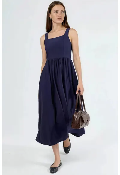 Rochie Midi Albastru Marin - Decolteu Patrat