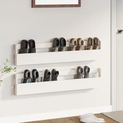 Gossi pantofare de perete, 2 buc., alb, 110x9x23 cm, lemn masiv pin
