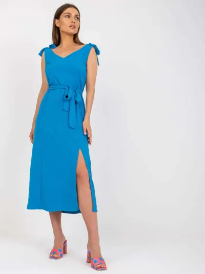 Rochie albastra midi cu crapatur...