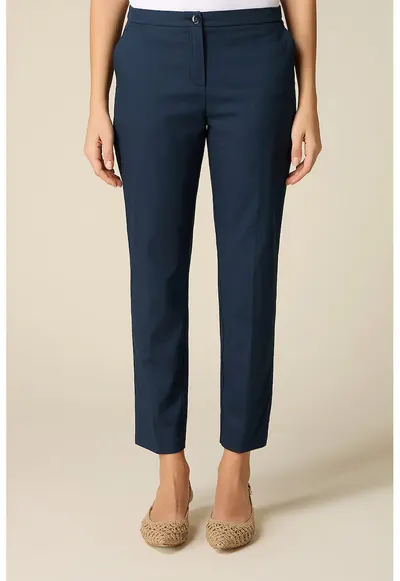 Pantaloni crop din amestec de bumbac cu croiala conica - Bleumarin